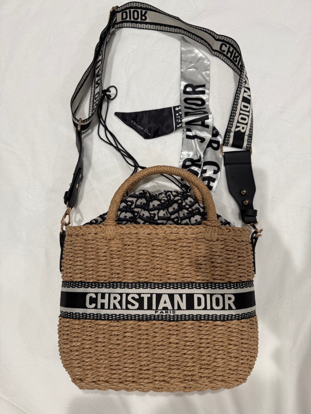 Dior Woven Tan Tote with Black & White Logo Bands - Picture 5 of 8
